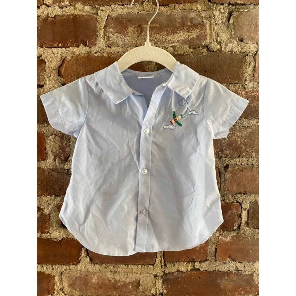 Vintage Baby Boy Short Sleeve Shirt Airplane Embroidery 9M